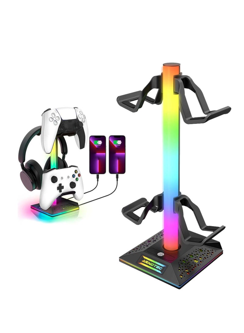 Gaming Controller Holder RGB Headphones Stand 10 Light Modes with 2 USB Charging Ports and Type-C Port - (Black)