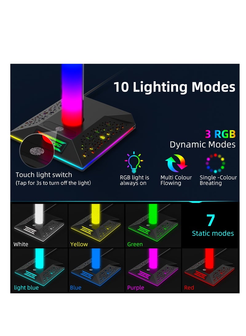 Gaming Controller Holder RGB Headphones Stand 10 Light Modes with 2 USB Charging Ports and Type-C Port - (Black)