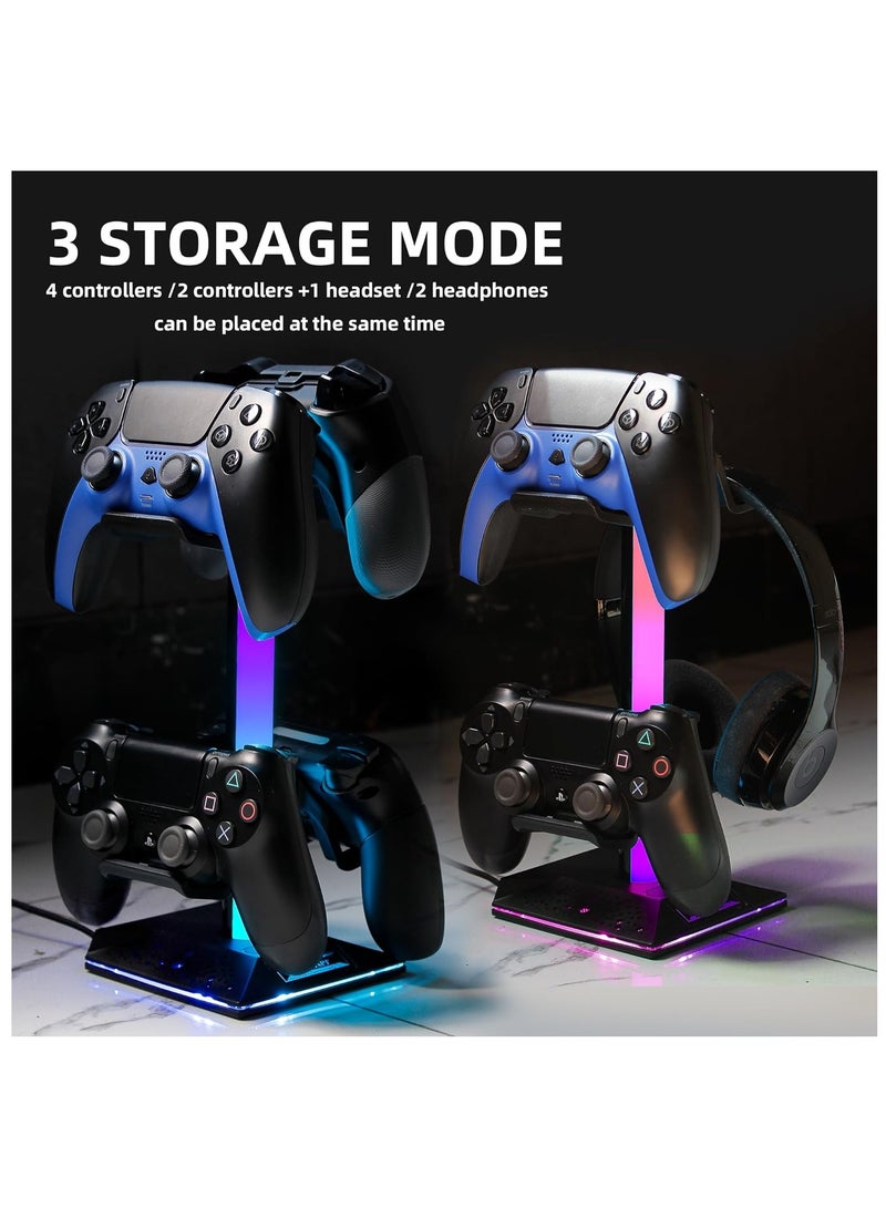 Gaming Controller Holder RGB Headphones Stand 10 Light Modes with 2 USB Charging Ports and Type-C Port - (Black)