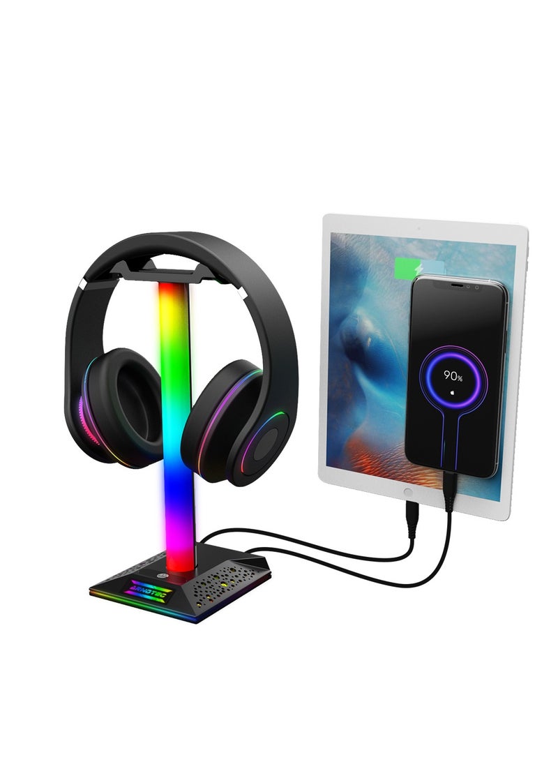 EB02 RGB Gaming Headphone Stand Desktop Horse Stord With 3.5mm AUX and 2xUSB Charging Port For PC  Gamers