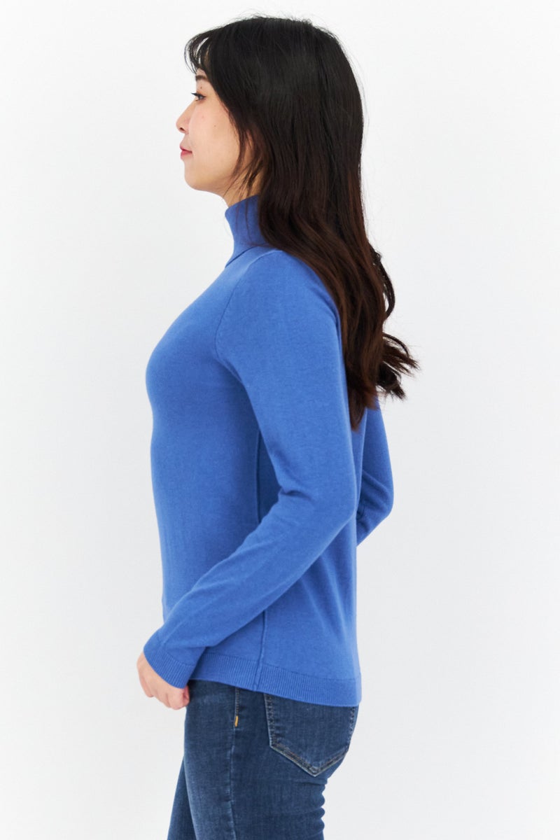 Women High Neck Long Sleeve Solid Sweater, Blue