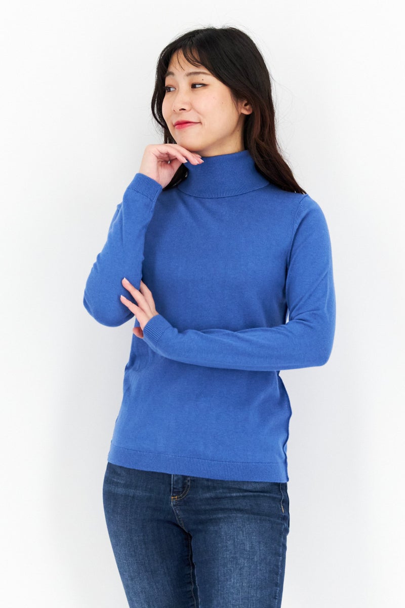 Women High Neck Long Sleeve Solid Sweater, Blue