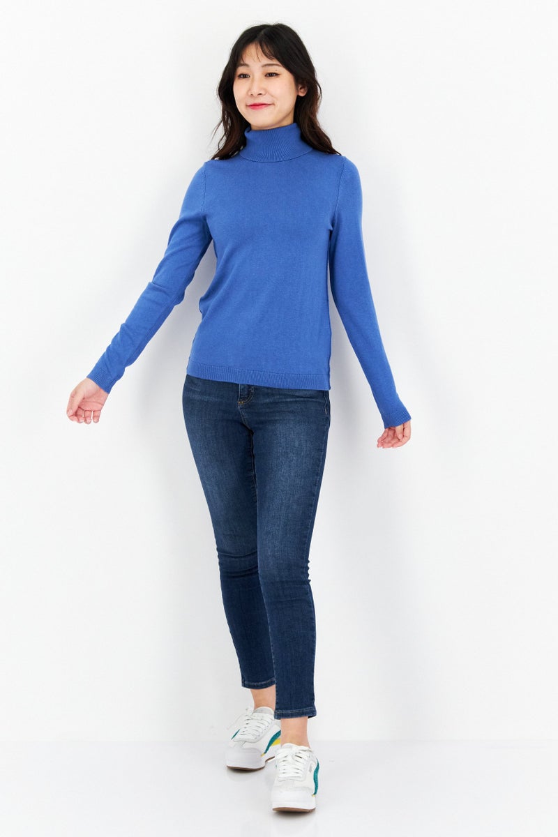 Women High Neck Long Sleeve Solid Sweater, Blue