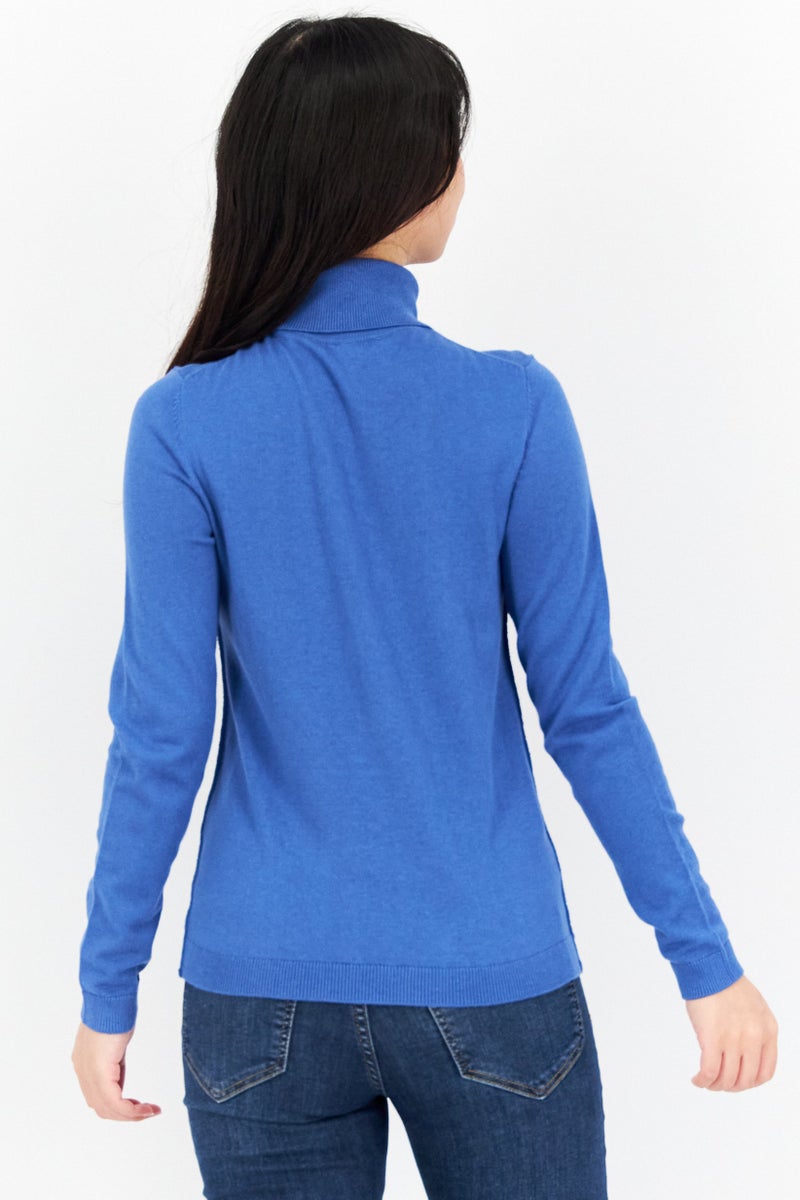 Women High Neck Long Sleeve Solid Sweater, Blue