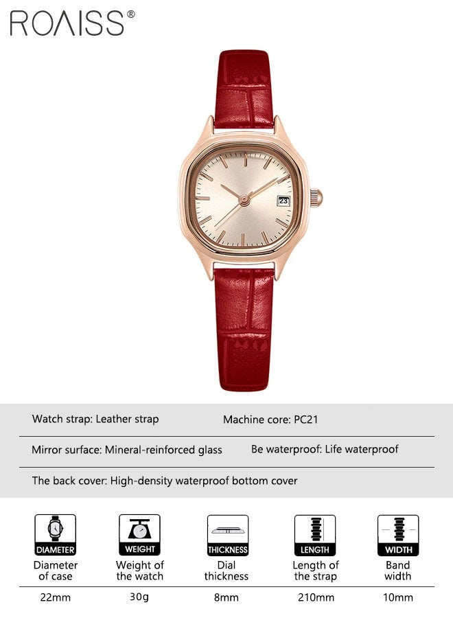 Women's Leather Strap Quartz Watch Analog Display Square Gold Dial with Gold Bezel Waterproof Elegant Wristwatch as Gift for Ladies