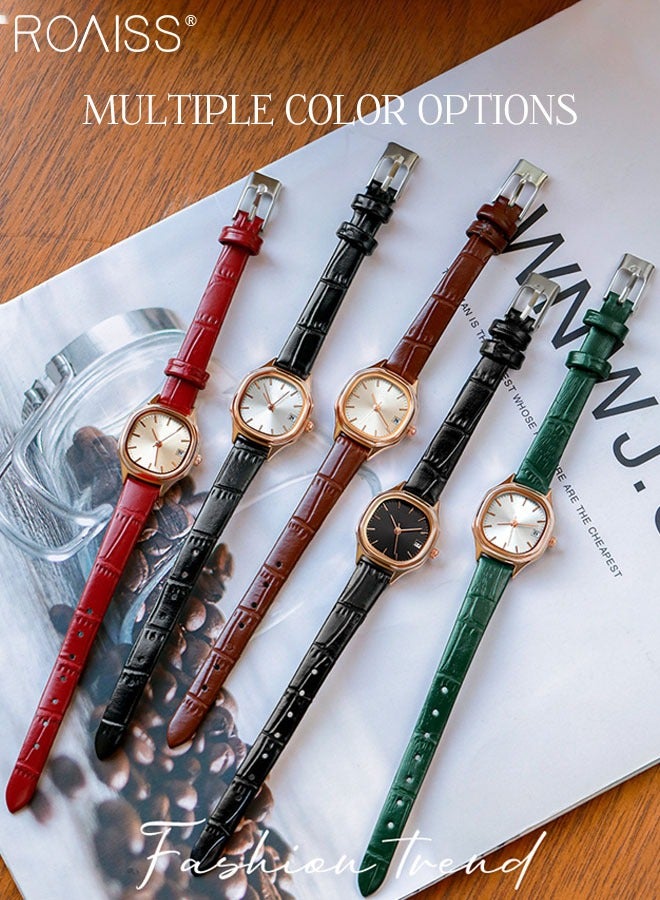 Women's Leather Strap Quartz Watch Analog Display Square Gold Dial with Gold Bezel Waterproof Elegant Wristwatch as Gift for Ladies