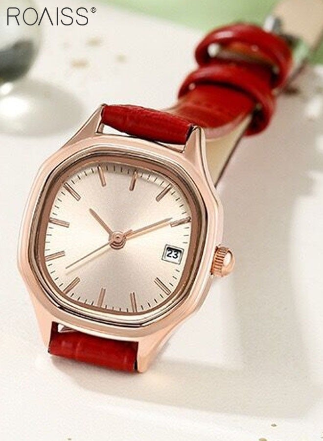 Women's Leather Strap Quartz Watch Analog Display Square Gold Dial with Gold Bezel Waterproof Elegant Wristwatch as Gift for Ladies