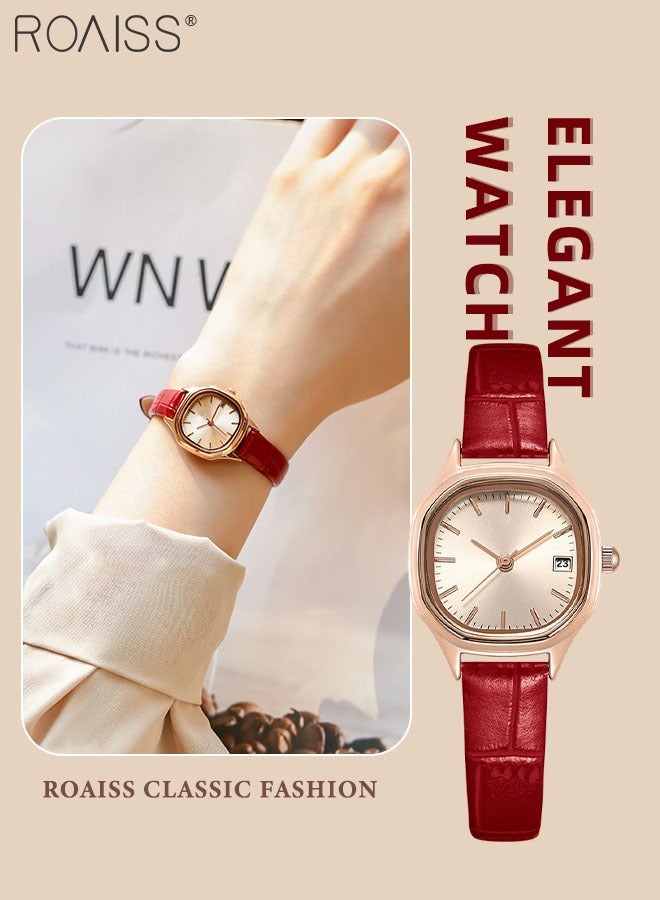 Women's Leather Strap Quartz Watch Analog Display Square Gold Dial with Gold Bezel Waterproof Elegant Wristwatch as Gift for Ladies