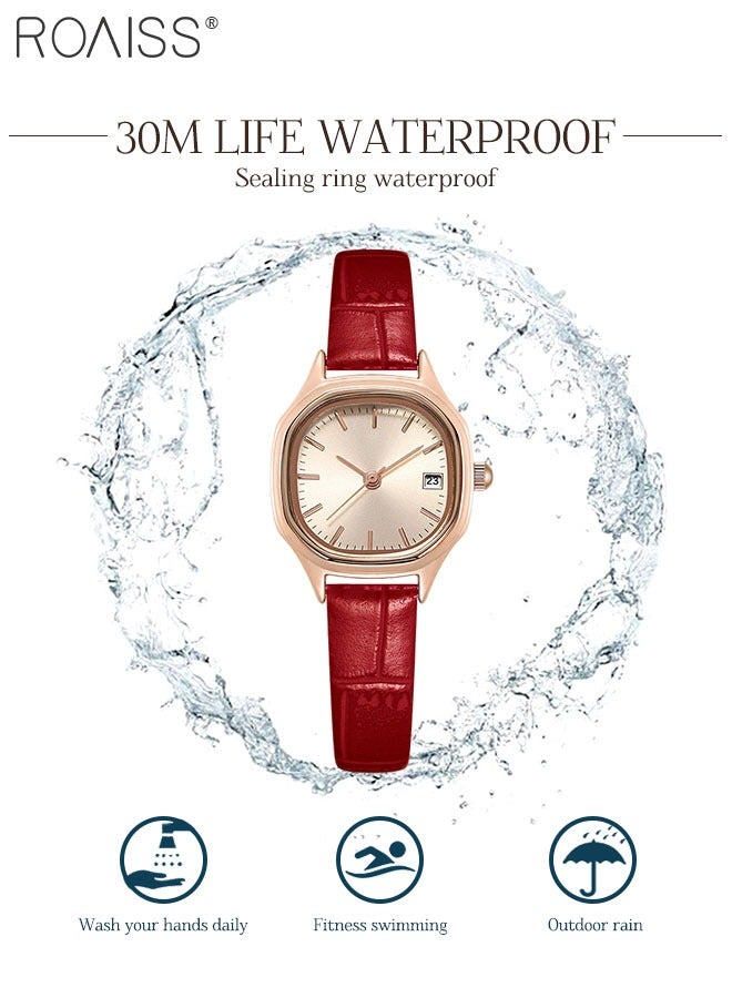 Women's Leather Strap Quartz Watch Analog Display Square Gold Dial with Gold Bezel Waterproof Elegant Wristwatch as Gift for Ladies