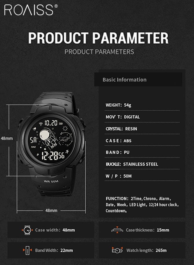 PU Strap Digital Sports Watch, Multifunctional Waterproof LED Wrist Watch with Black Round Shape Dial as Gift for Men/Women