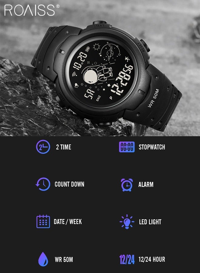 PU Strap Digital Sports Watch, Multifunctional Waterproof LED Wrist Watch with Black Round Shape Dial as Gift for Men/Women