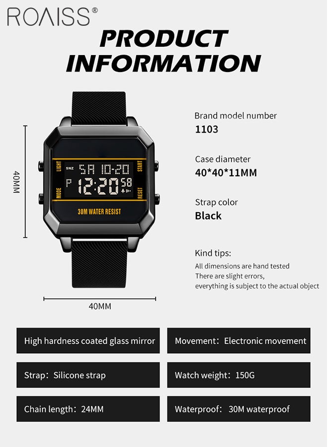 Men's Square Digital Sports Watch Multifunctional Waterproof Luminous Silicone Strap Electronic Quartz Wristwatch with Alarm Stopwatch 12H/24H, Black