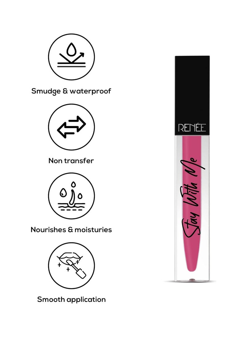 RENEE Stay With Me Matte Lip Color, Long Lasting, Non Transfer, Water & Smudge Proof, Light Weight Liquid Lipstick, Hots for Pink, 5ml