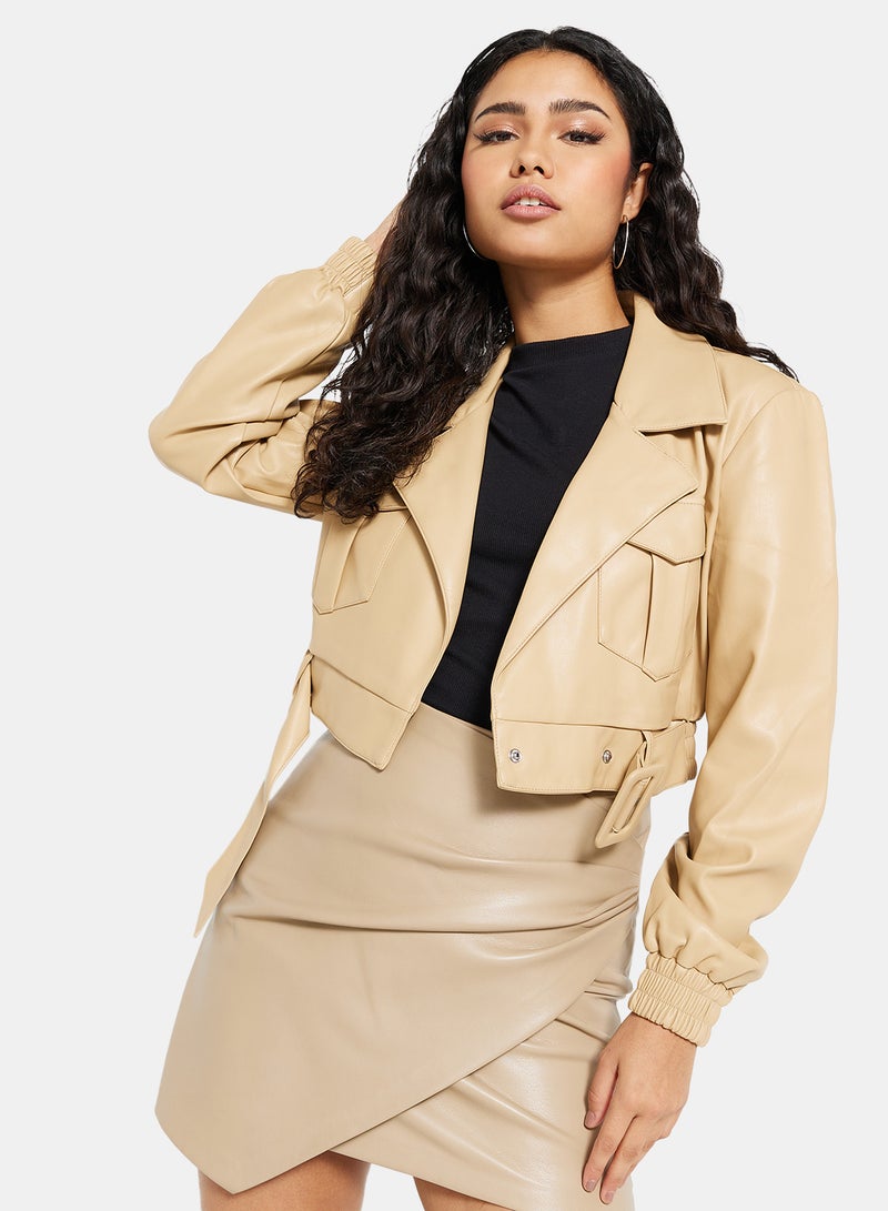 Belted Cropped Faux Leather Jacket Beige