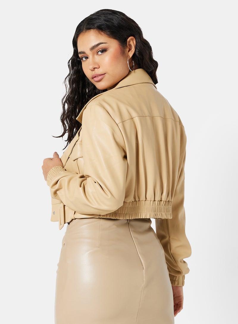 Belted Cropped Faux Leather Jacket Beige