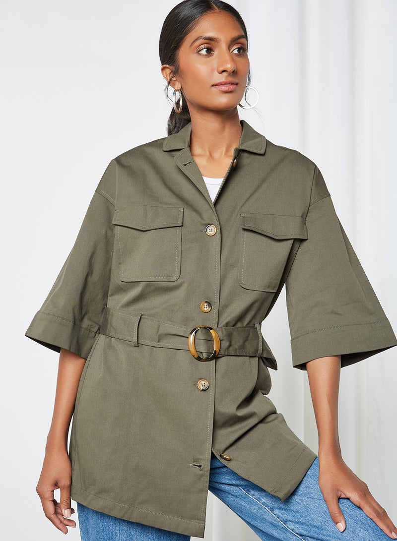 Two Front Pockets Adjustable Waist Jacket Khaki