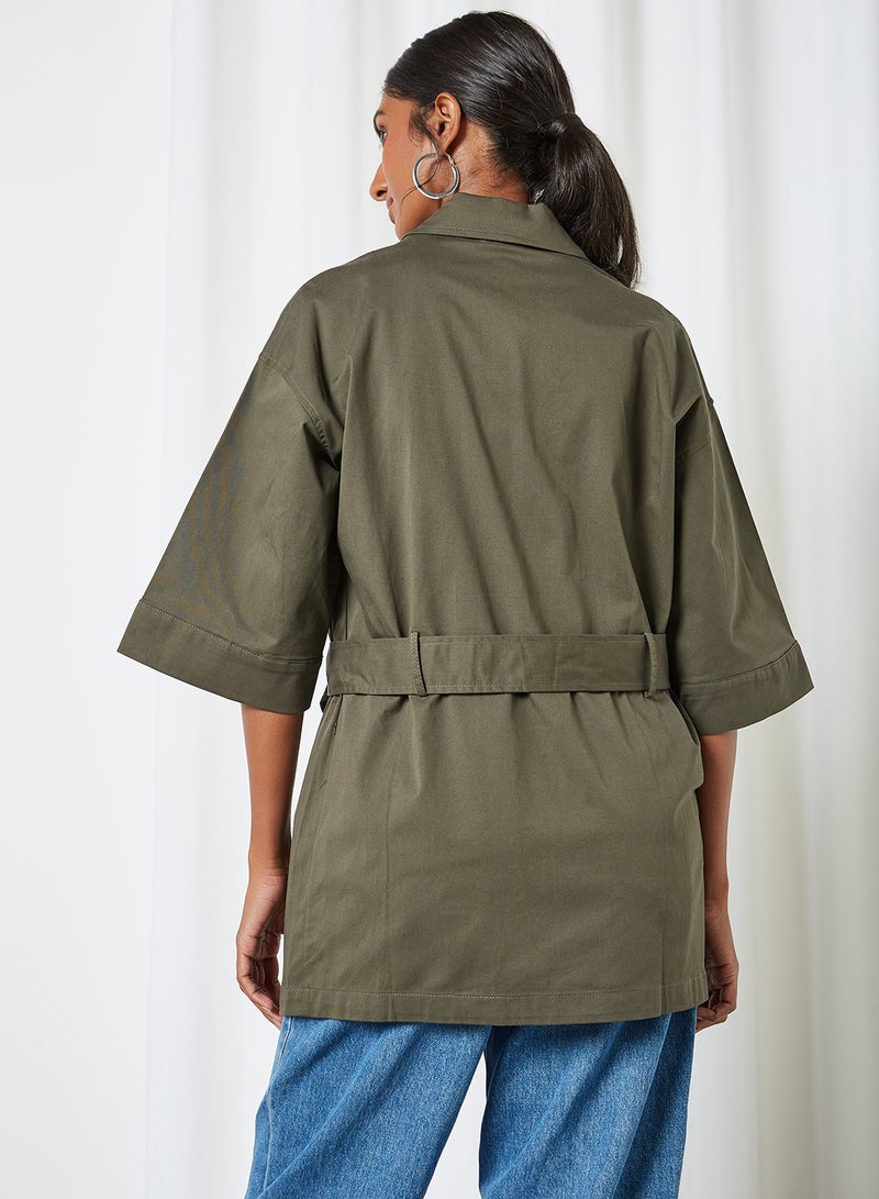 Two Front Pockets Adjustable Waist Jacket Khaki