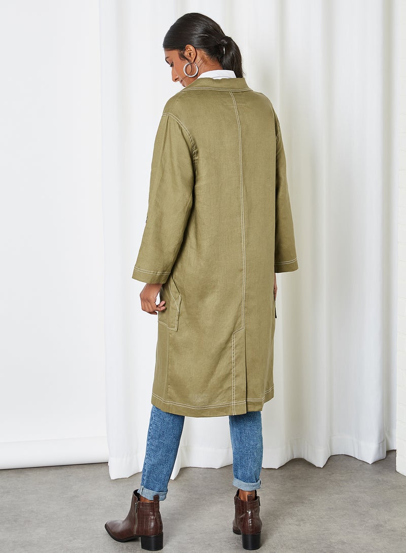 Button Detail Long Bottom Trench Coat Green