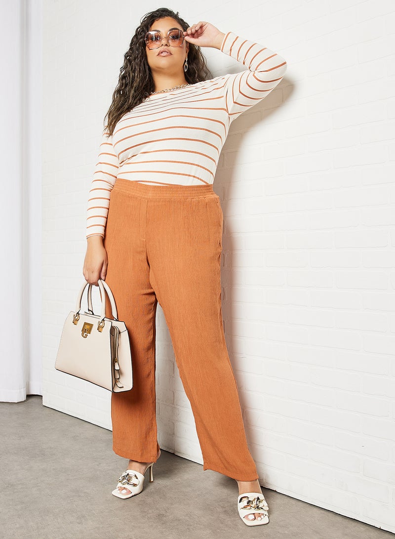 Plus Size Textured Straight Fit Pants Burnt Orange