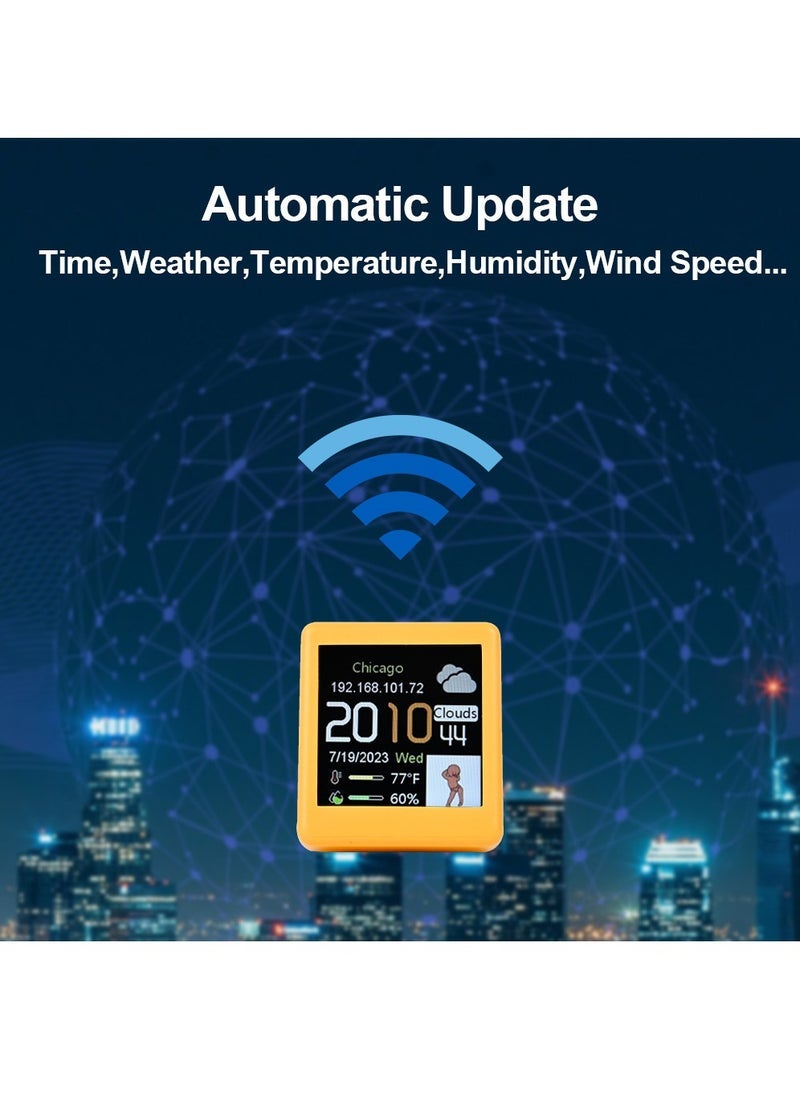 Small Portable Smart Wifi Weather Station Display Weather Temperature Humidity Time Alarm Clock Desktop Decoration (Yellow)