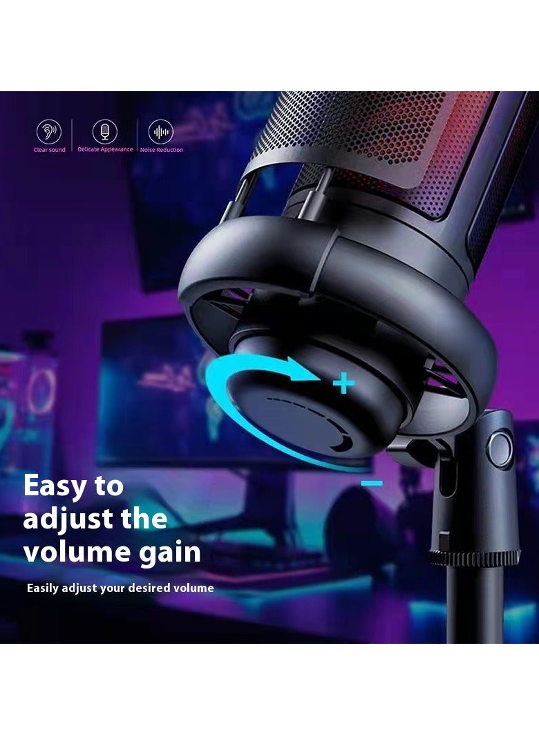 USB Microphone for PC and Mac Gaming Mic for PS4/PS5 Condenser Mic with Quick Mute RGB Lighting Pop Filter Shock Mount Gain Control and Monitoring Jack for Recording Streaming Podcasting and YouTube