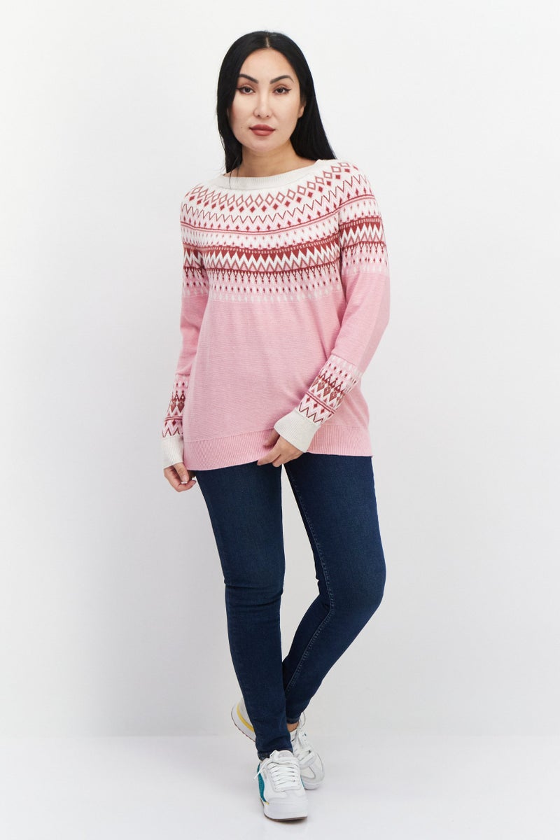 Women Boat Neck Argyle Print Sweaters, Pink Combo