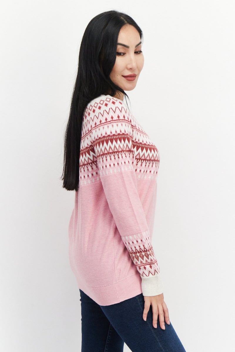 Women Boat Neck Argyle Print Sweaters, Pink Combo