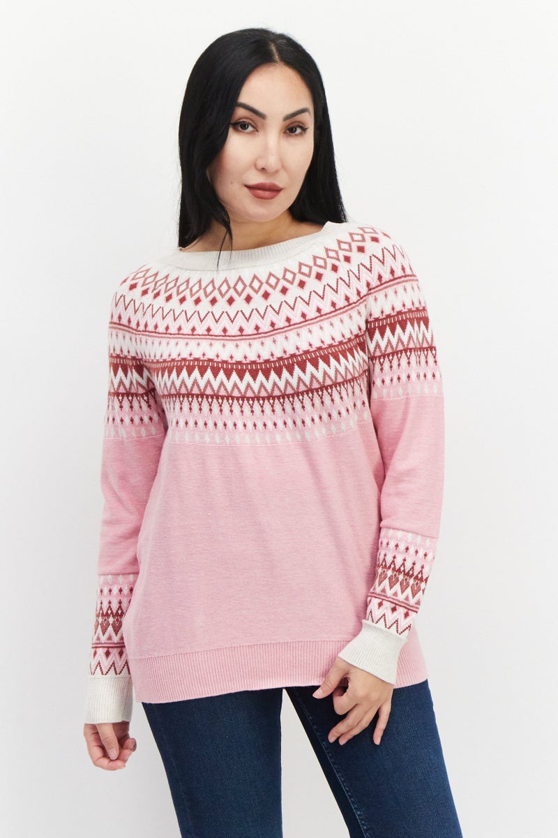 Women Boat Neck Argyle Print Sweaters, Pink Combo