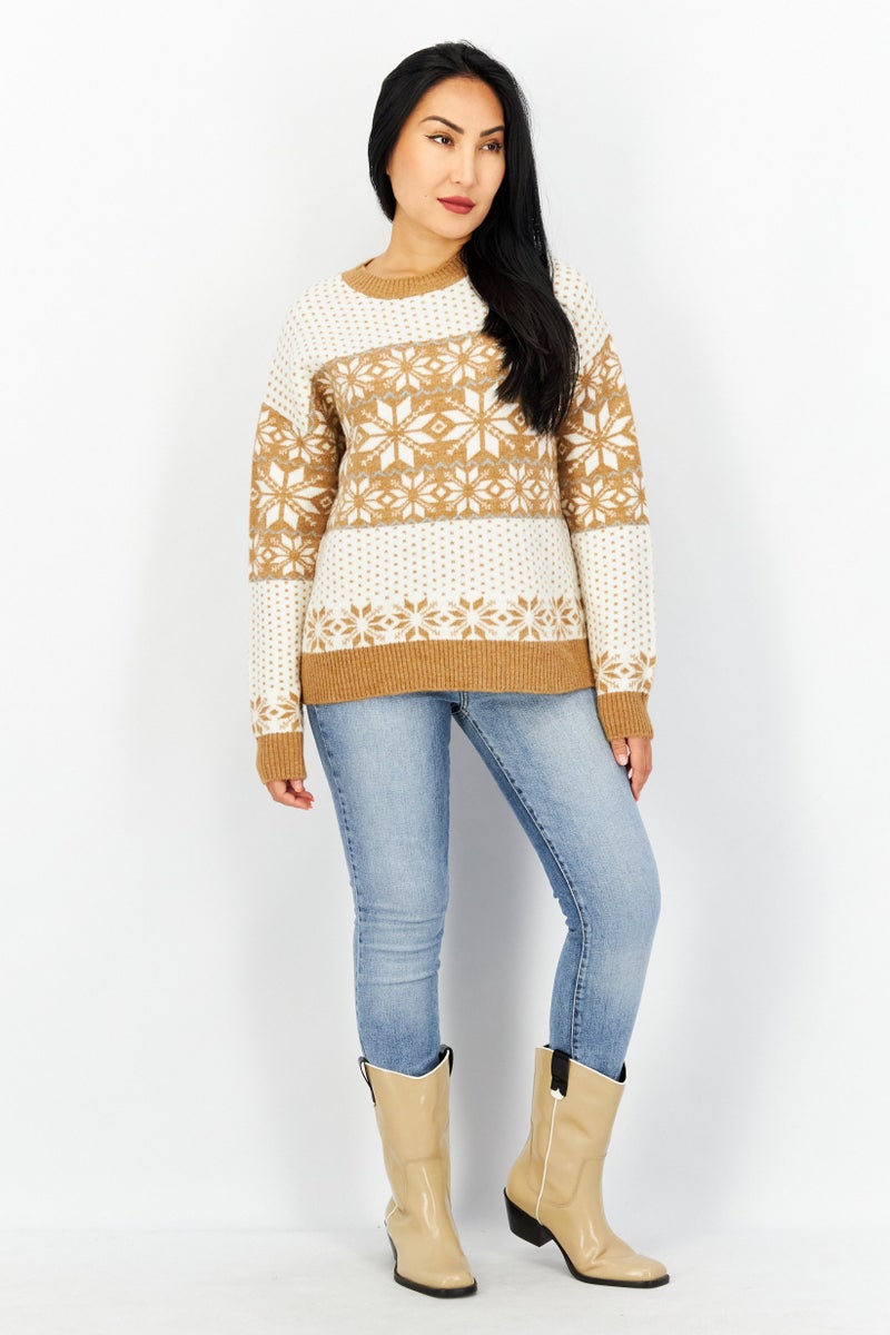 Women Crew Neck Floral Pattern Sweater, Brown Combo