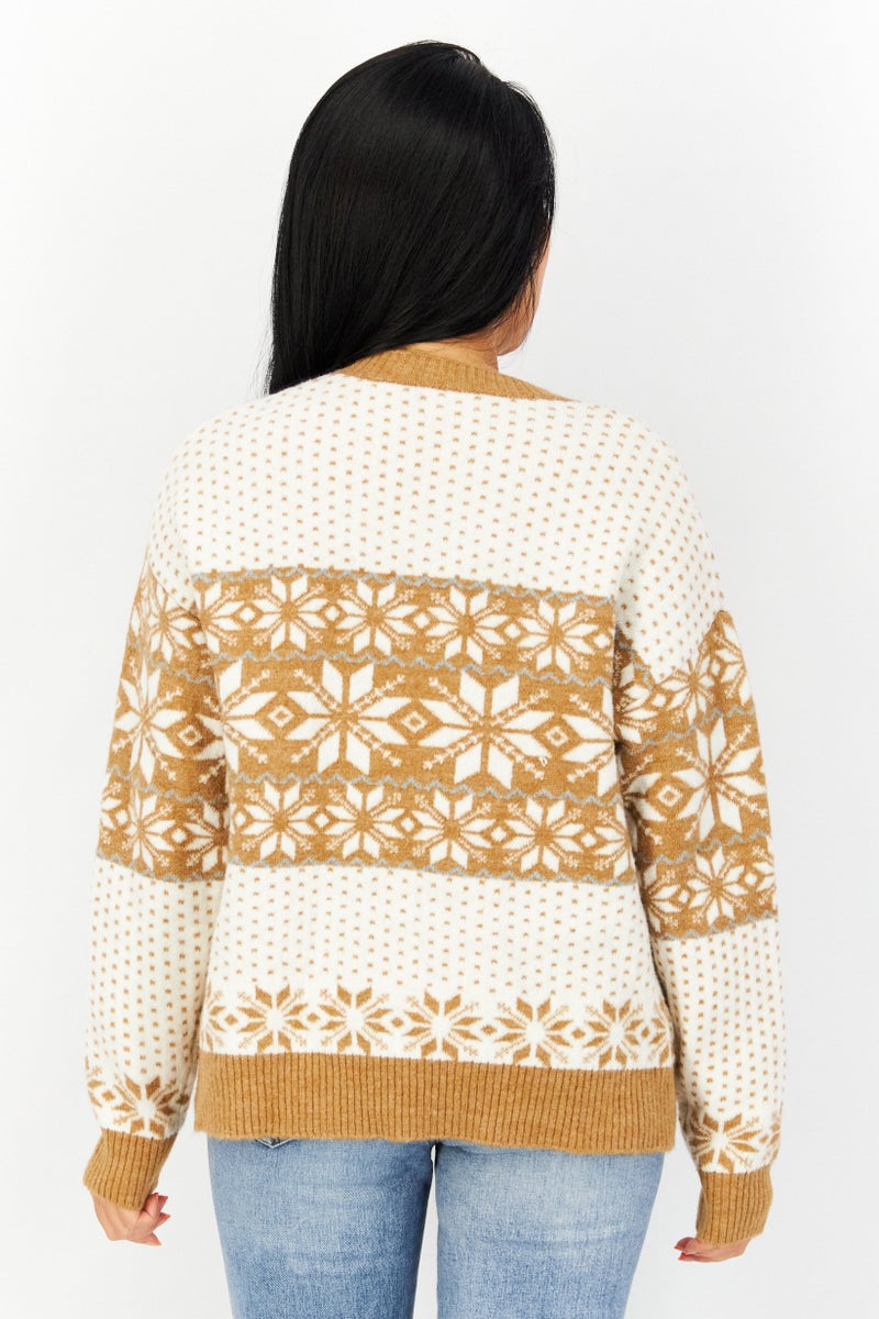 Women Crew Neck Floral Pattern Sweater, Brown Combo