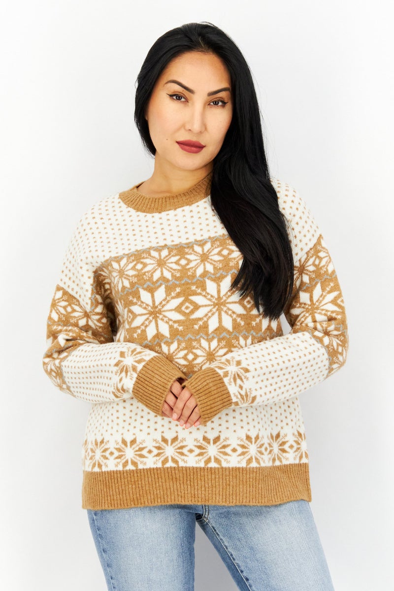 Women Crew Neck Floral Pattern Sweater, Brown Combo