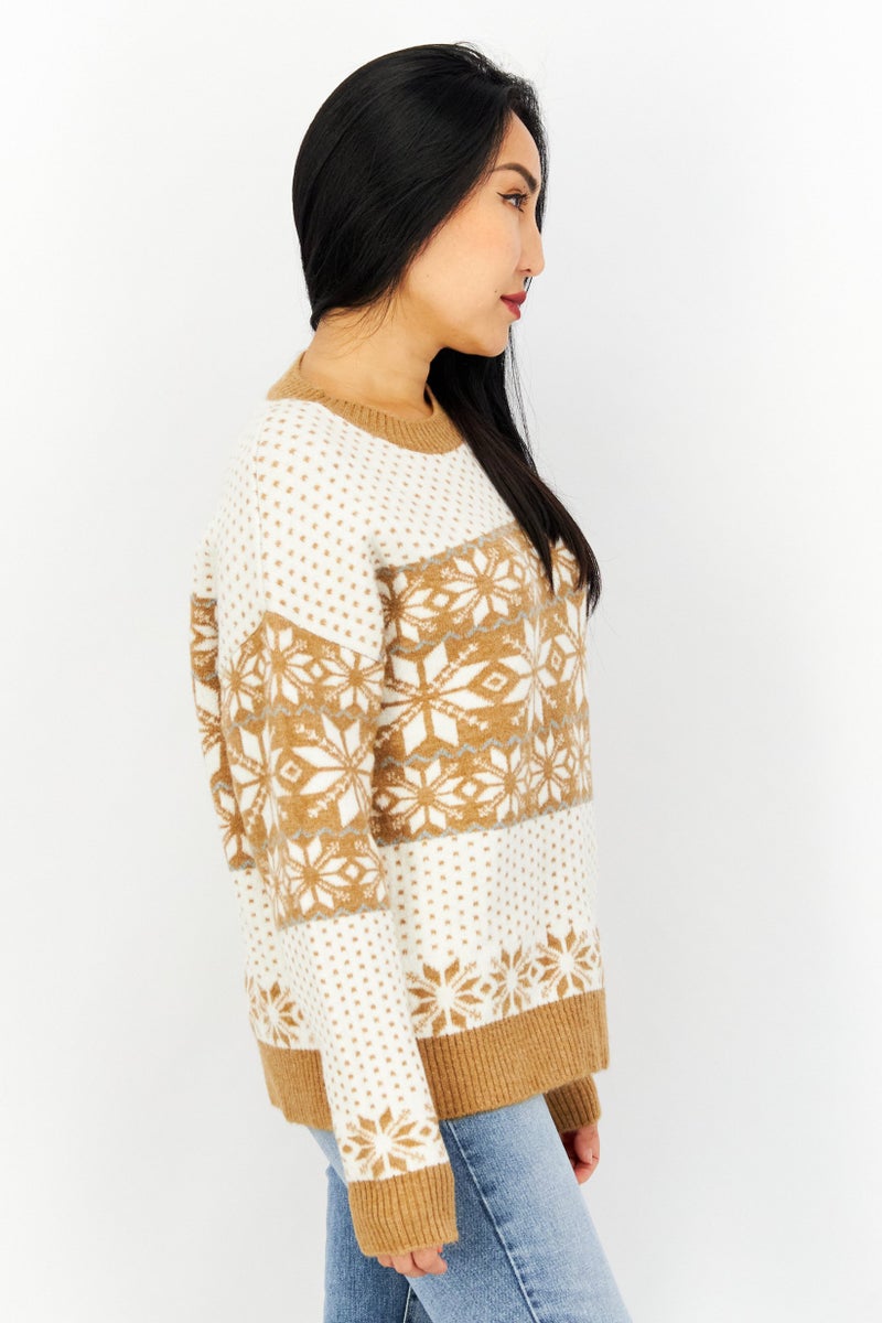 Women Crew Neck Floral Pattern Sweater, Brown Combo