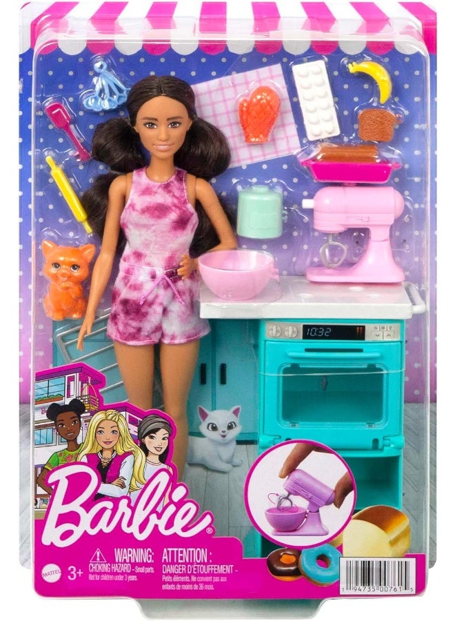 Barbie Doll and Kitchen Playset of Oven, Spinning Mixer, Pet Kitten and Baking Accessories