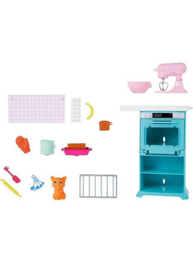 Barbie Doll and Kitchen Playset of Oven, Spinning Mixer, Pet Kitten and Baking Accessories