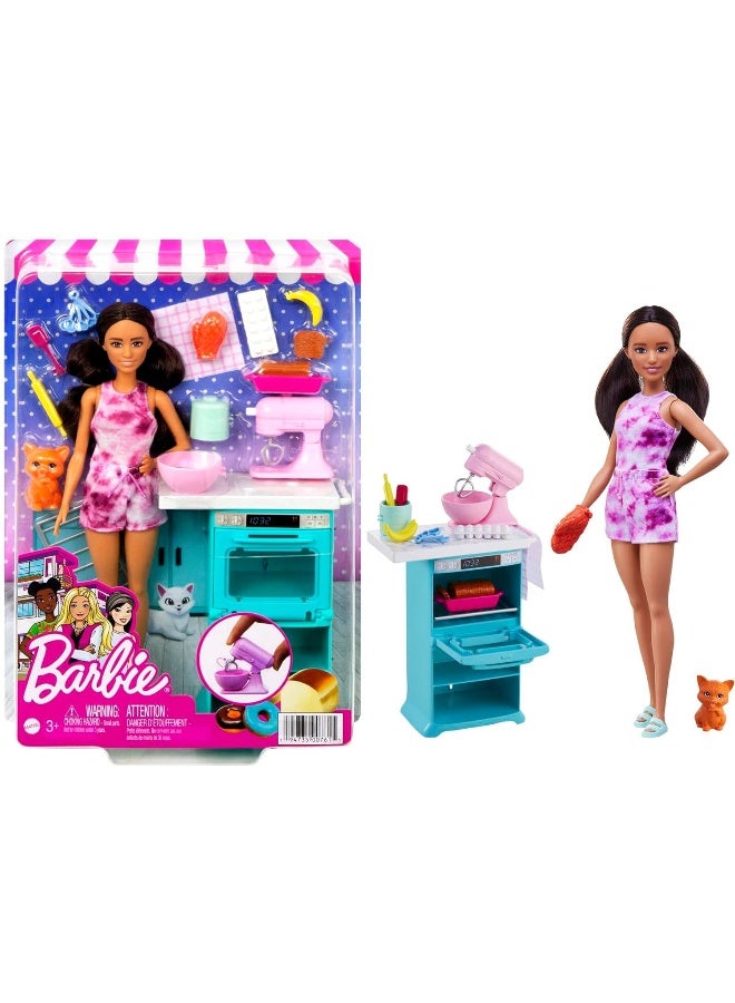 Barbie Doll and Kitchen Playset of Oven, Spinning Mixer, Pet Kitten and Baking Accessories