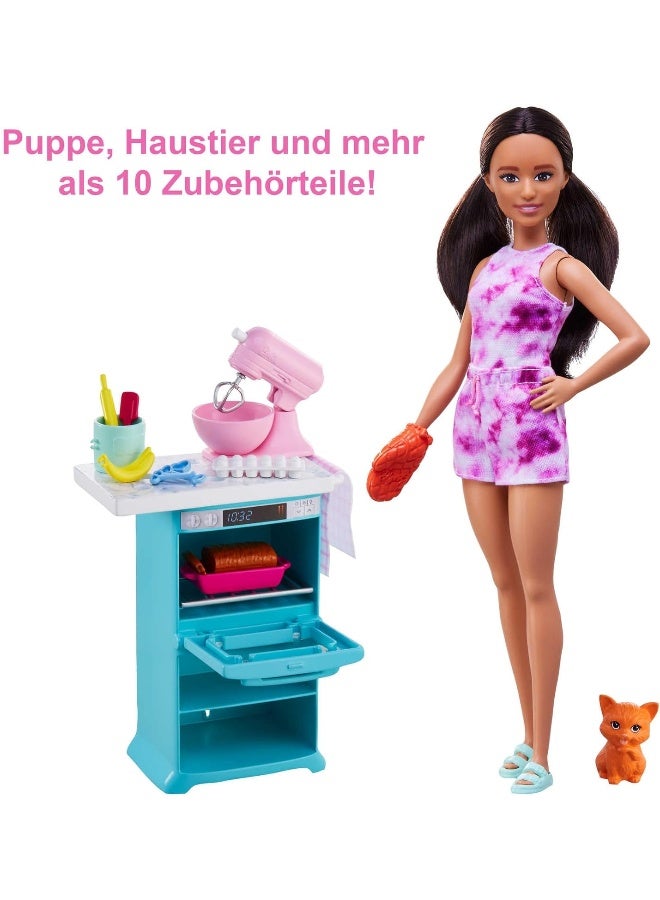 Barbie Doll and Kitchen Playset of Oven, Spinning Mixer, Pet Kitten and Baking Accessories