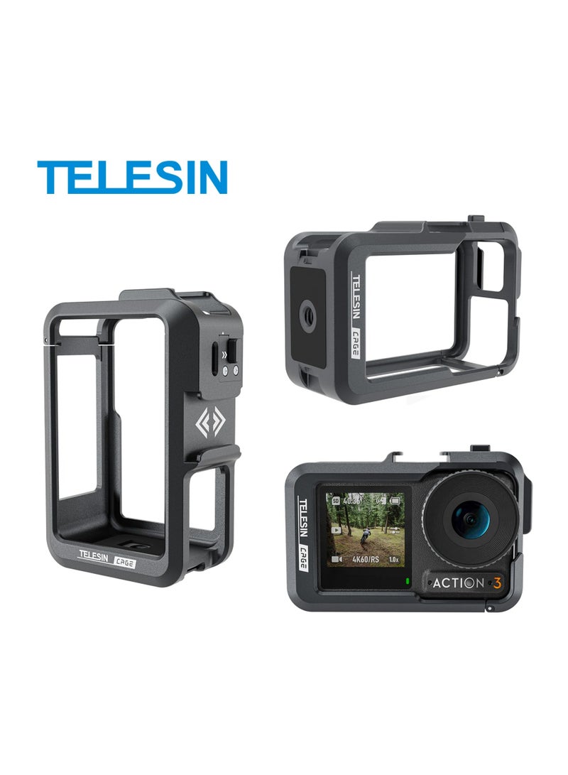 TELESIN Aluminium Alloy Frame Case For DJI ACTION 4 3 Metal Cage Quick Release Mount with Cold Shoe Full Protective Frame Case