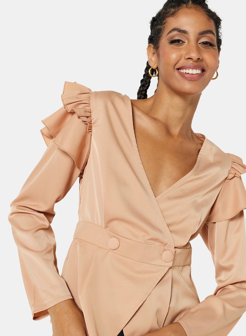 Ruffle Wrap Long Sleeve Top Sand