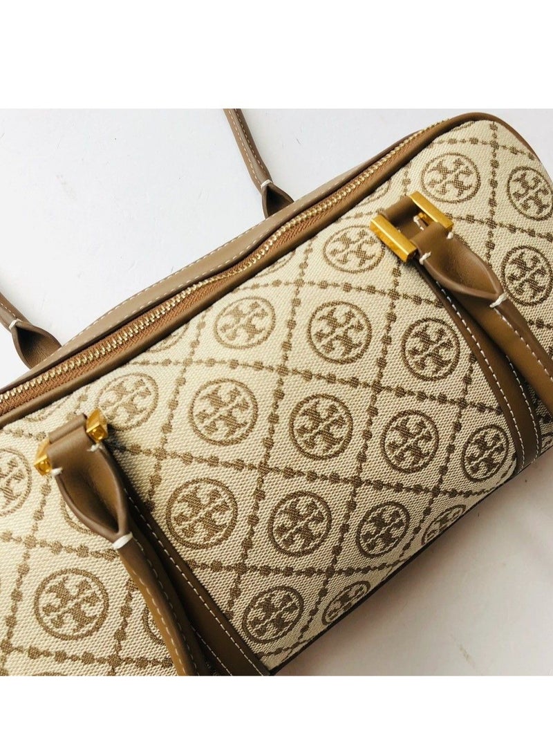 Tory Burch T Monogram Logo Classic Old Flower Double Zipper Closure Leather Trim Square Bag Tote Shoulder Bag