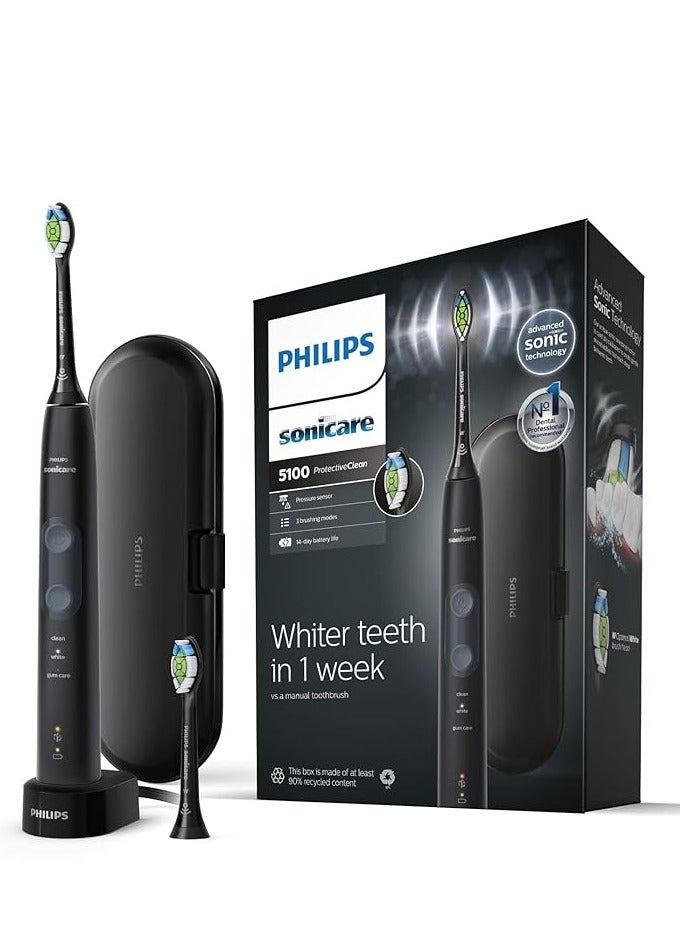 Sonicare ProtectiveClean 5100 Electric Toothbrush, With Travel Case, 3 x Cleaning Modes & 2 x Whitening Brush Head, (UK 2-pin Bathroom Plug) - HX6850/47 Black