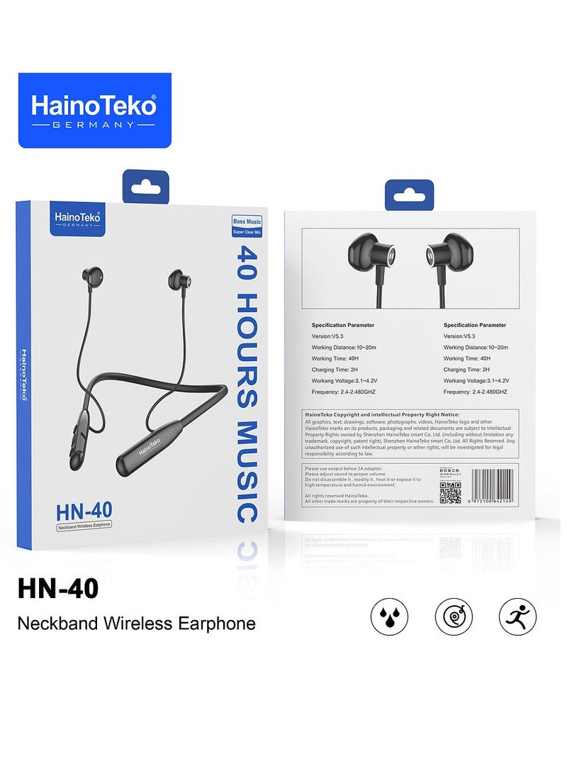 Haino Teko Germany HN40 Neckband Wireless Earphone With Super Clear Mic and High Bass Sound Quality Black