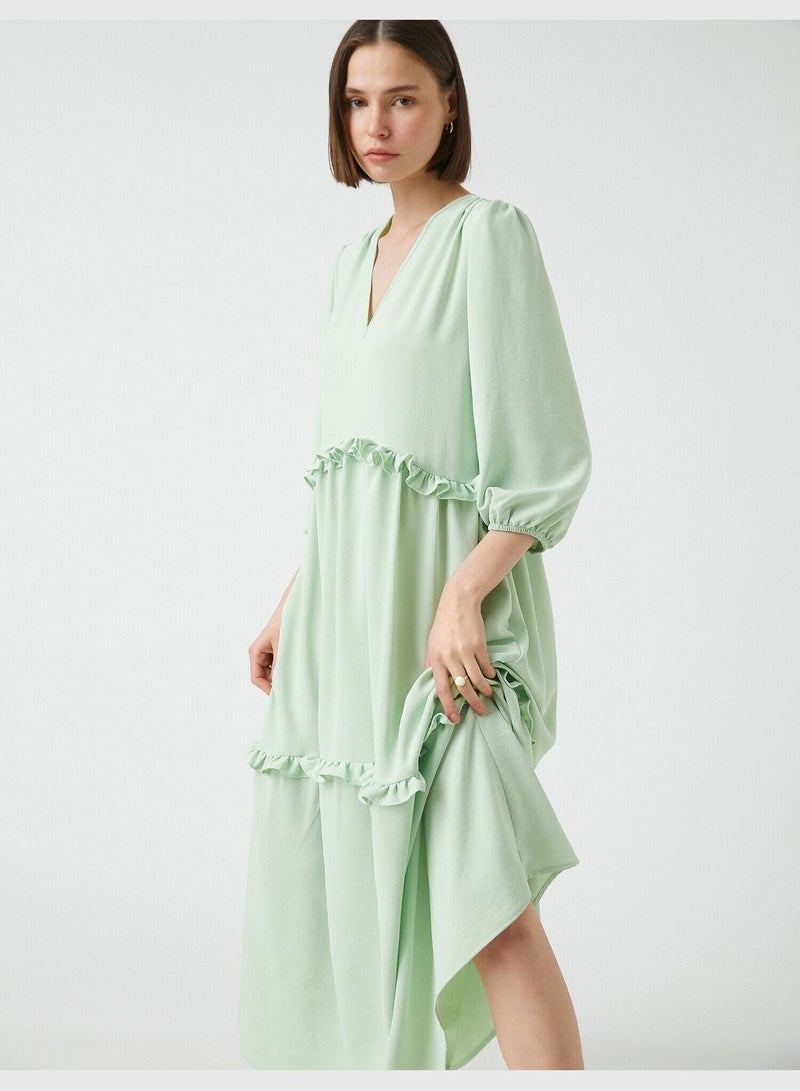 V-Neck Flowy Relaxed Cut Ruffle Long Dress