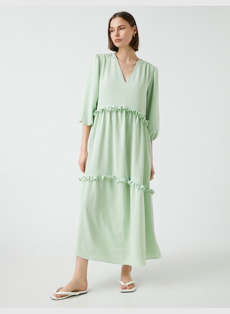 V-Neck Flowy Relaxed Cut Ruffle Long Dress
