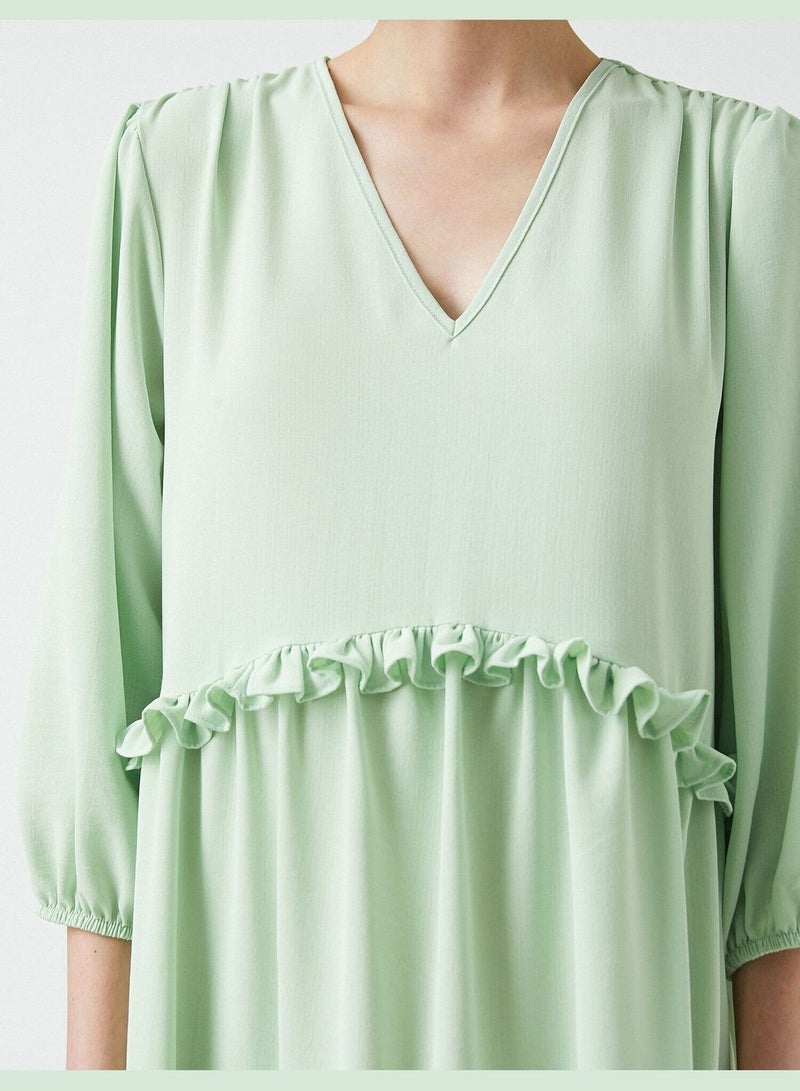 V-Neck Flowy Relaxed Cut Ruffle Long Dress