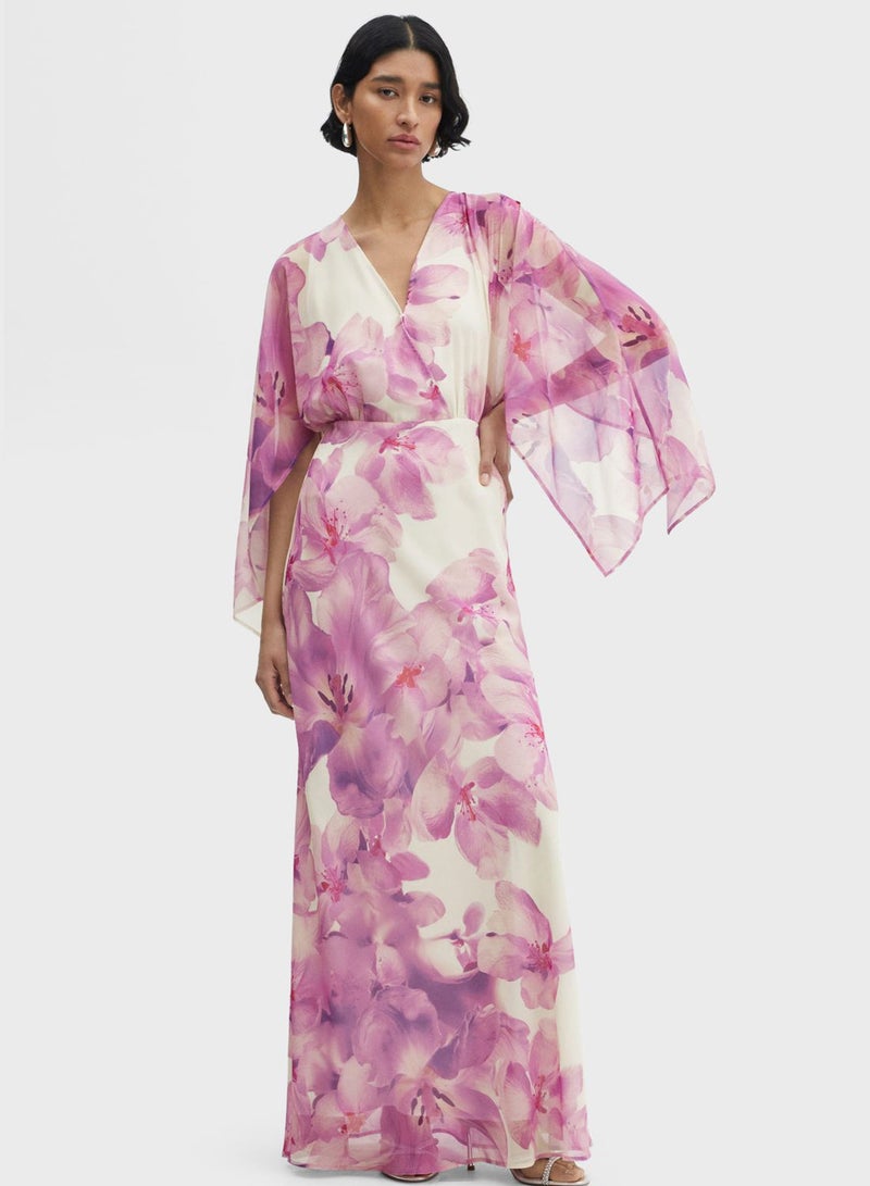 Floral Cape Sleeve Wrap Dress