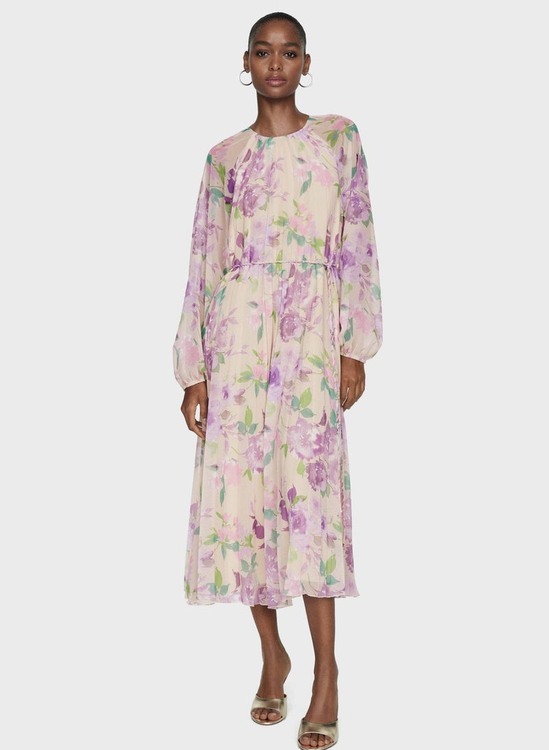 Floral Tie Detail Pleated Dress