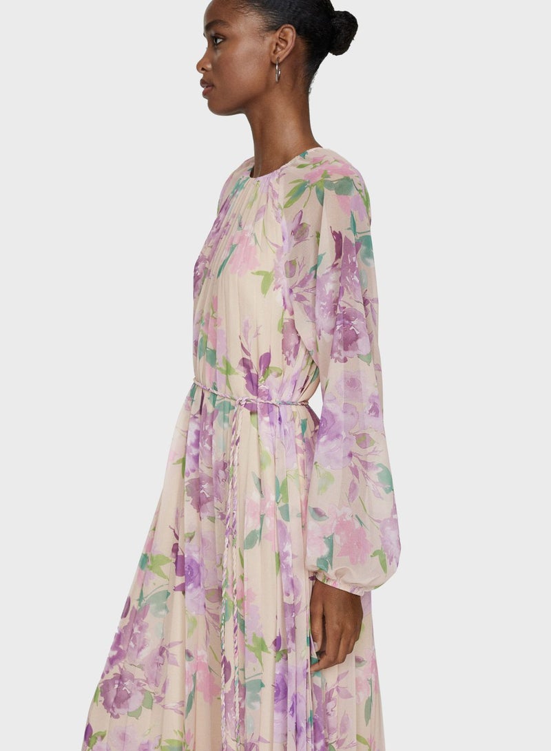 Floral Tie Detail Pleated Dress