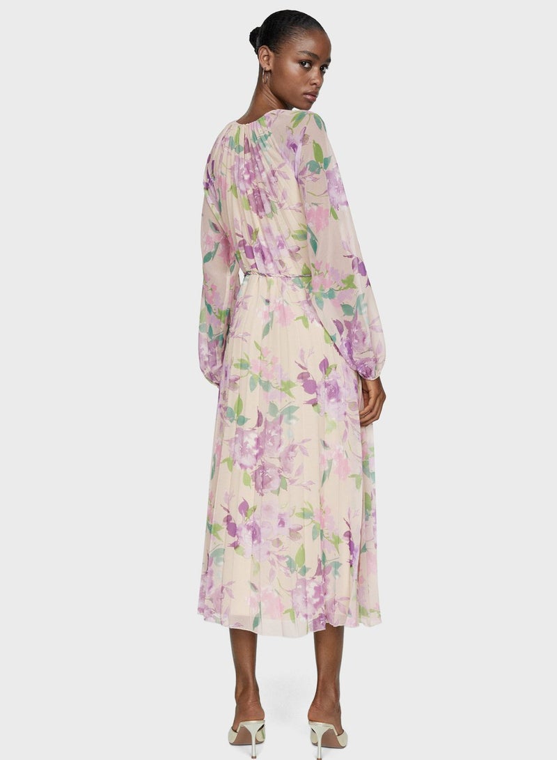 Floral Tie Detail Pleated Dress