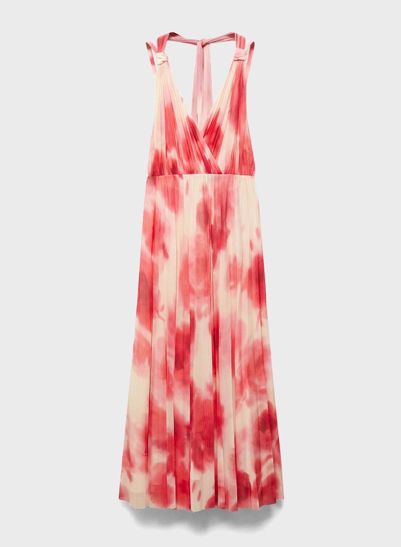 Printed Halter Neck Pleated Dress