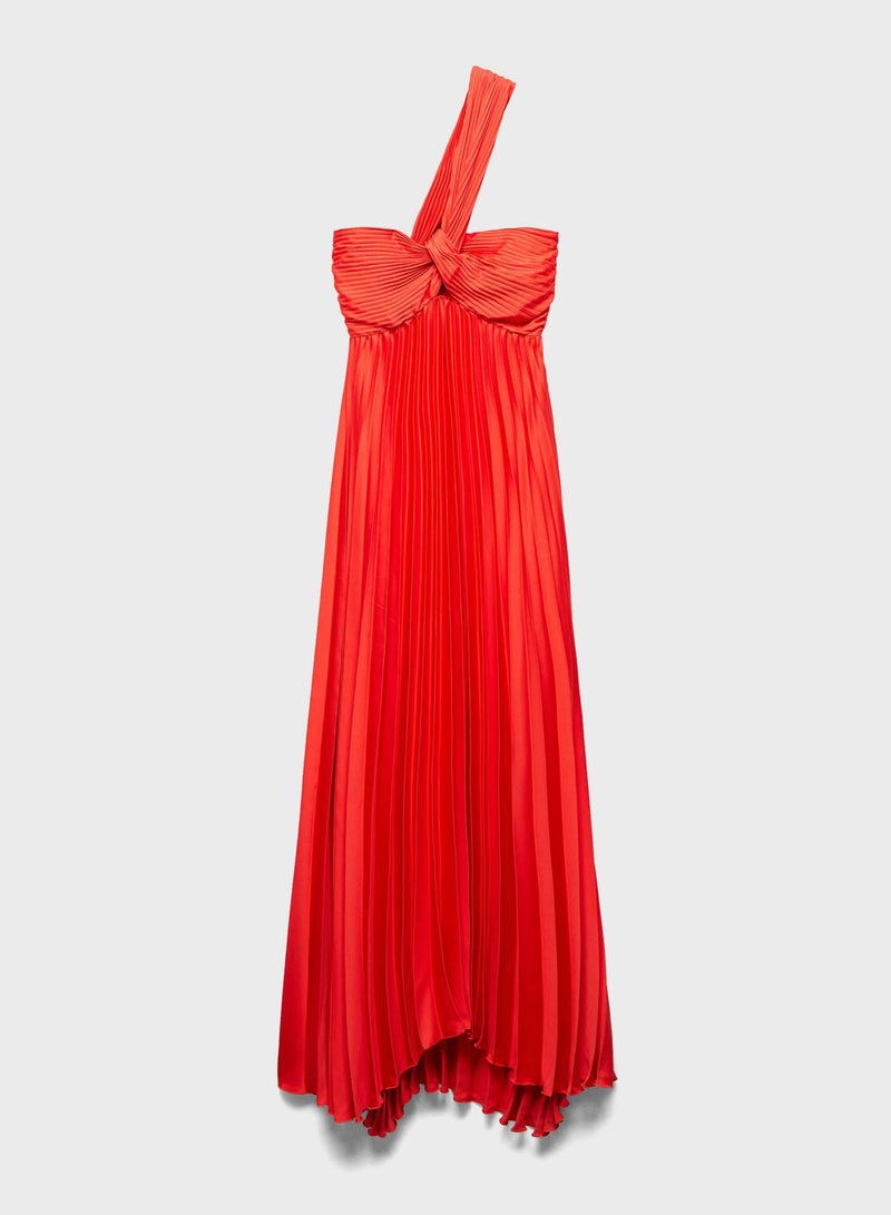 One Shoulder Bow Detailed Pleated Dress